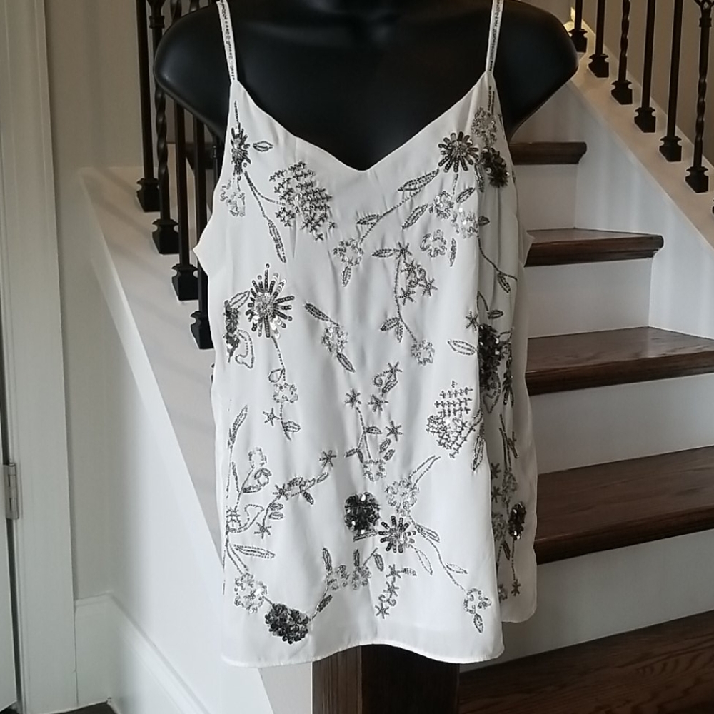 White House Black Market White Beaded Floral Camisole